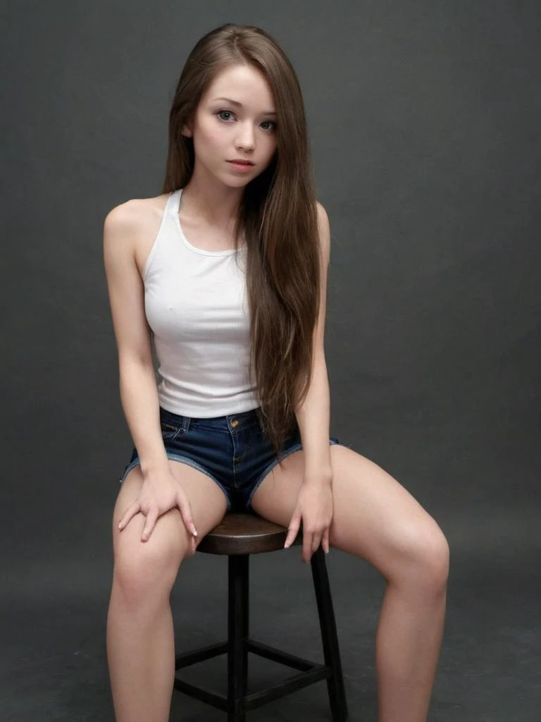 Hyperrealistic art <lora:veryLongHair:0.5> cute girl, beautiful, skinny,  muscular,  asian,  doll, aged down, medium breast, pale skin, vlh, long_hair, white top, shorts, sitting . Extremely high-resolution details, photographic, realism pushed to extreme,...