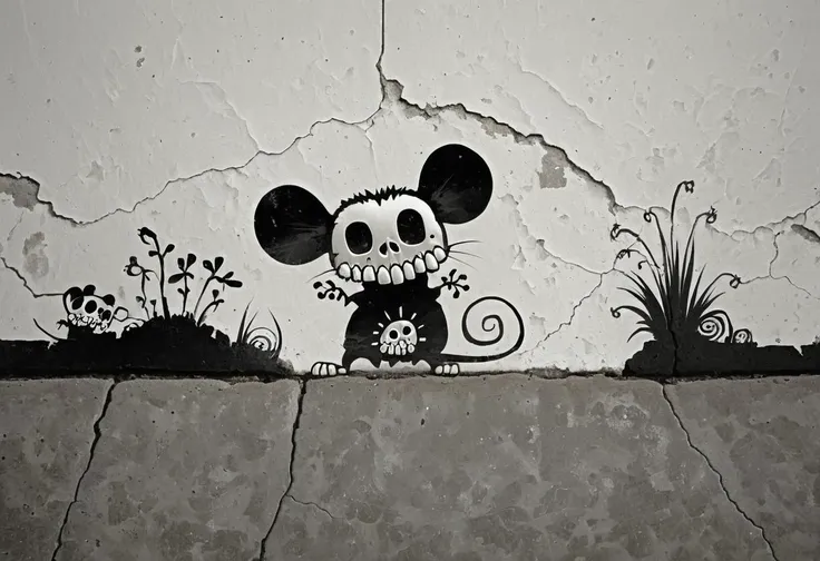 graffiti of a mouse with a skeleton face on a wall