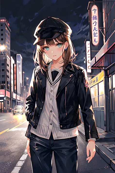 1girl , face,short hair, messy hair, ((brown hair)), leather jacket, leather pants, black hat, rough looking, beat up, japanese school, neon lights , dystopia, night time, future<hypernet:sgqo1n:1>