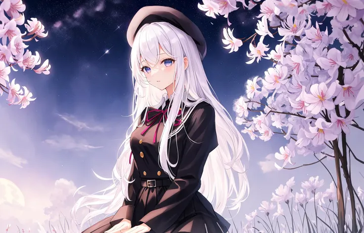 best quality, {{masterpiece}}, {highres}, extremely detailed girl, {1girl}, {solo}, {{{masterpiece}}}, {{{beautiful detailed hands}}}, illustration, {{cinematic light}}, ultra detailed, white hair, long hair, pink gradient, slightly curly hair, pinkish blu...