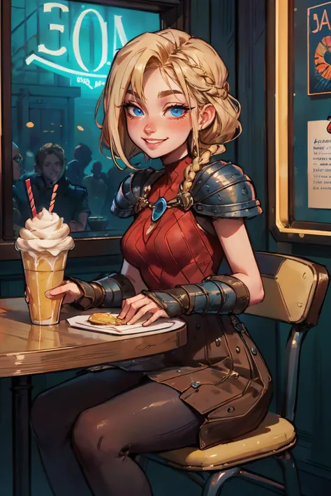 astridWaifu, blue eyes,short blonde hair, braided hair, armor, pantyhose,looking at viewer, smiling, teeth, sitting, inside diner, table, holding frosted milkshake, neon lighting,  high quality, masterpiece, <lora:Astrid_Character:.7>