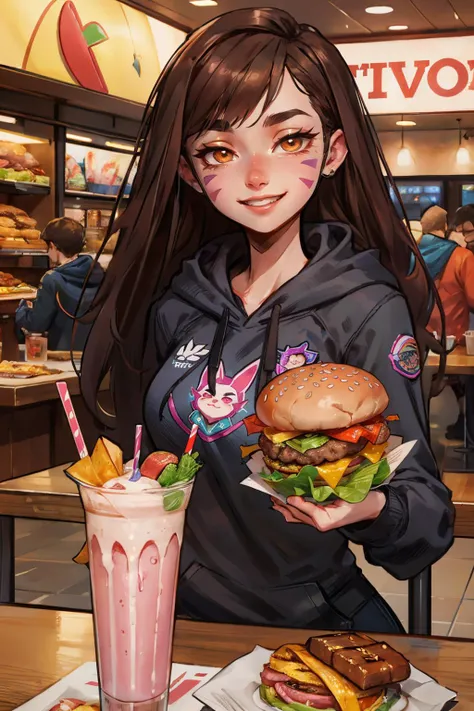 D.Va, facial mark, whisker markings, brown eyes, long brown hair, black sweatshirt, hoodie, long sleeves, looking at viewer, smiling, teeth, sitting, upper body shot, inside fast food restaurant, table full of food, hamburgers, milkshake,  high quality, ma...