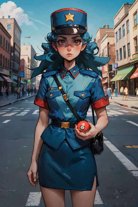 jenny, blue hair, brown eyes,hat, police uniform, skirt, looking at viewer, serious, standing, outside, city, sidewalk, holding pokeball, blue sky, high quality, masterpiece, <lora:PKMN_Jenny-DEF:.7>