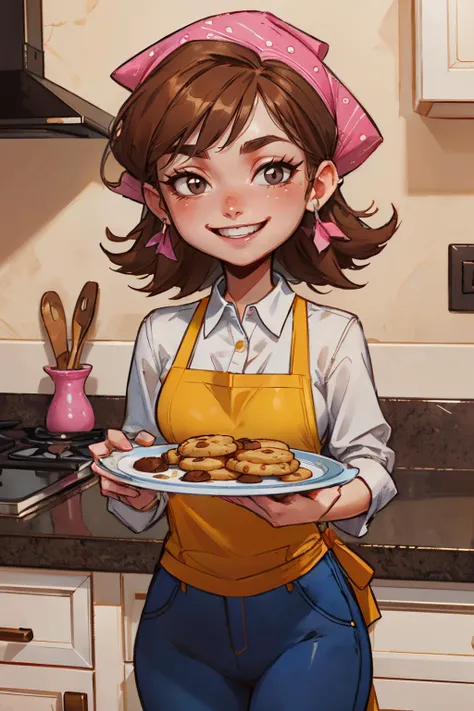 cookingmama, black eyes, brown hair, pink bandana, white shirt, yellow apron, blue pants, looking at viewer, smiling, happy, teeth, standing, inside kitchen, holding plate of food, cookies, counter, soft lighting, high quality, masterpiece, <lora:CookingMa...