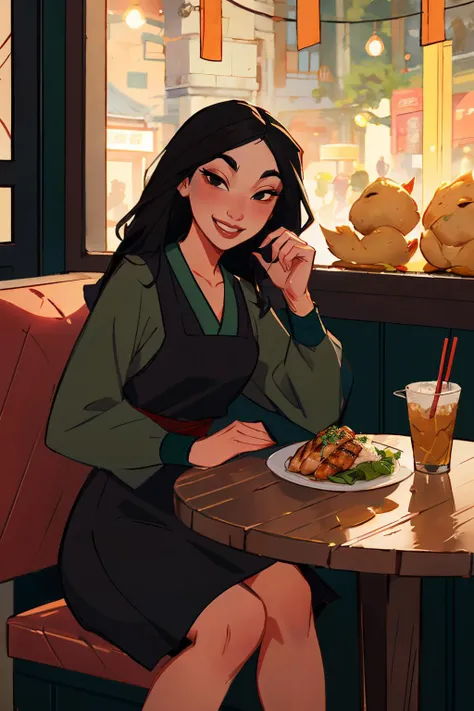 Mulan, long black hair, black eyes, long sleeves, dress, black eyes,  green shirt
looking at viewer, smiling, sitting inside a cozy restaurant, table full of food, noodles, rice, grilled chicken, playful ambiance, high quality, masterpiece,   <lora:Mulan:....