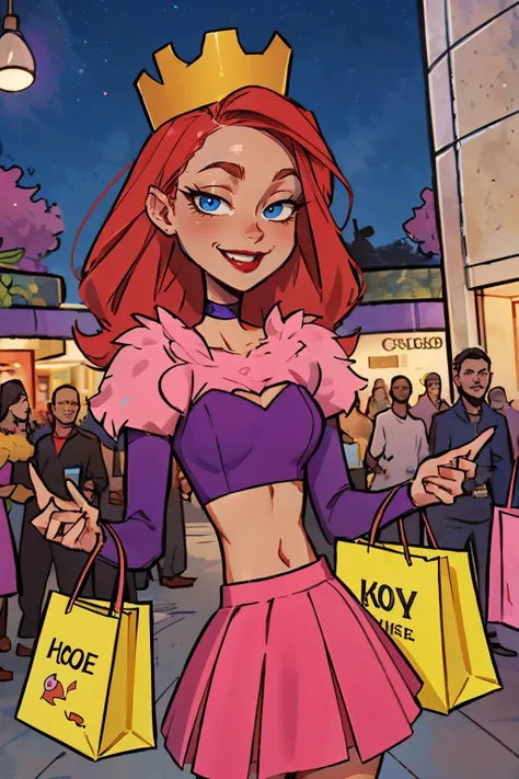 PrincessCandy, red hair, dark skin, red lipstick, blue eyes, crown, choker, pink skirt, midriff,purple crop top,fur trim, purple detached sleeves, looking at viewer, smiling, medium shot, standing, inside mall, shopping, holding shopping bag, crowd, bright...