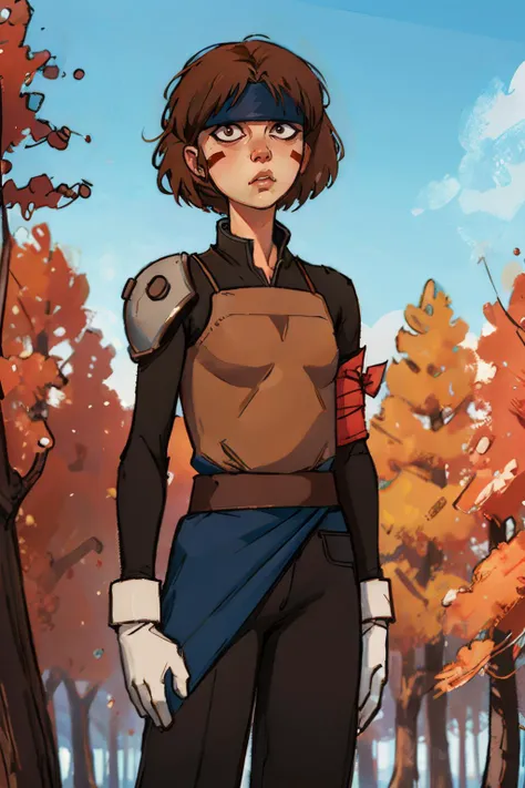 Smellerbee,short brown hair, facial mark, brown eyes, eyeliner,headband,white gloves, brown top, long sleeves, shoulder pad, red armband, pants, sash, looking at viewer, serious, standing, outside, forest, trees, autumn, blue sky, high quality, masterpiece...