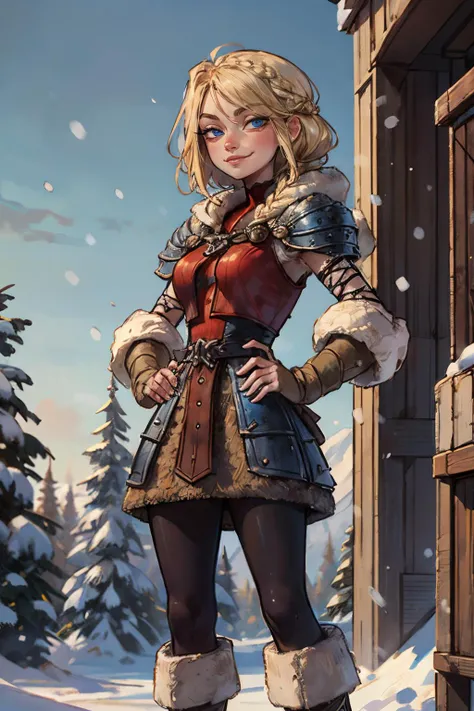 astridWaifu, blue eyes,short blonde hair, braided hair, armor, pantyhose,looking at viewer, serious, smirk, standing, hands on hips, outside, park, snow, winter, blue sky, high quality, masterpiece, <lora:Astrid_Character:.7>