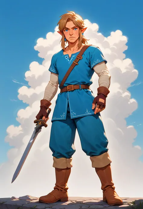 a drawing of a young man in blue shirt and brown pants holding a sword