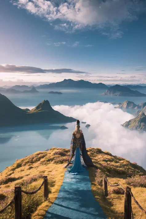 a man sitting on a mountain top looking at the clouds