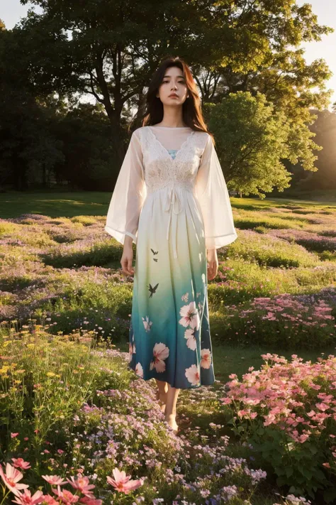 a woman standing in a field of flowers wearing a dress