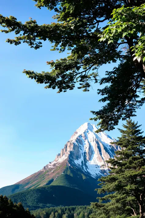 there is a mountain with a snow covered peak in the distance