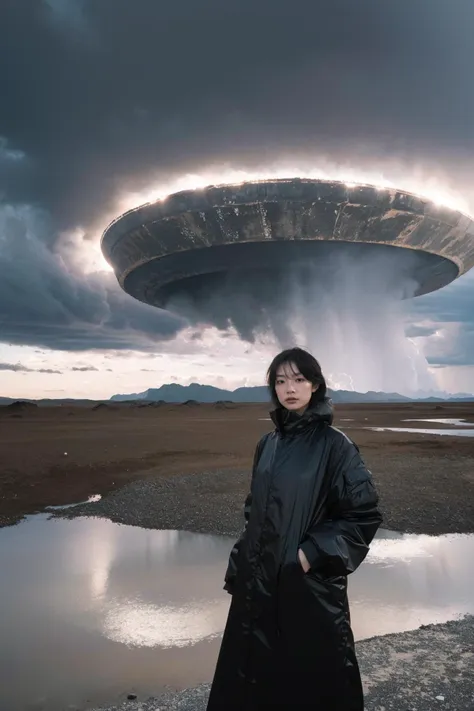 a woman standing in front of a large object in the sky