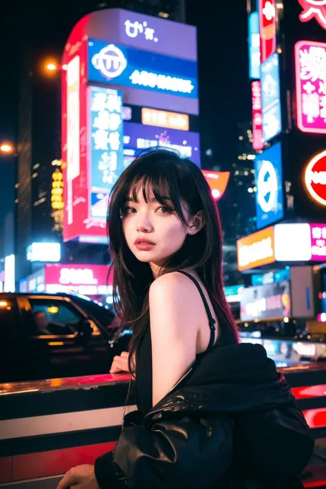 a woman in a black dress standing in front of a city at night