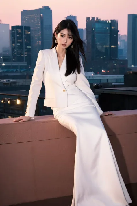 a woman in a white suit sitting on a ledge in front of a city