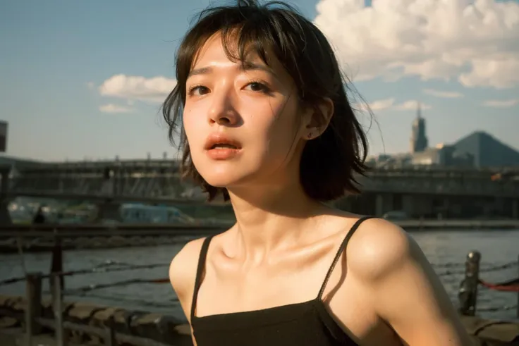 there is a woman standing on a pier looking at the camera