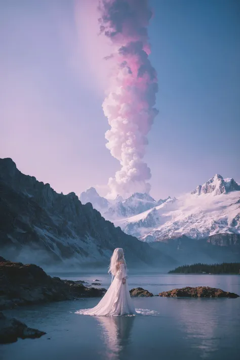 a woman in a white dress standing in the water with a mountain in the background