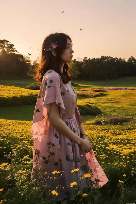 a woman standing in a field of flowers with a bird flying overhead