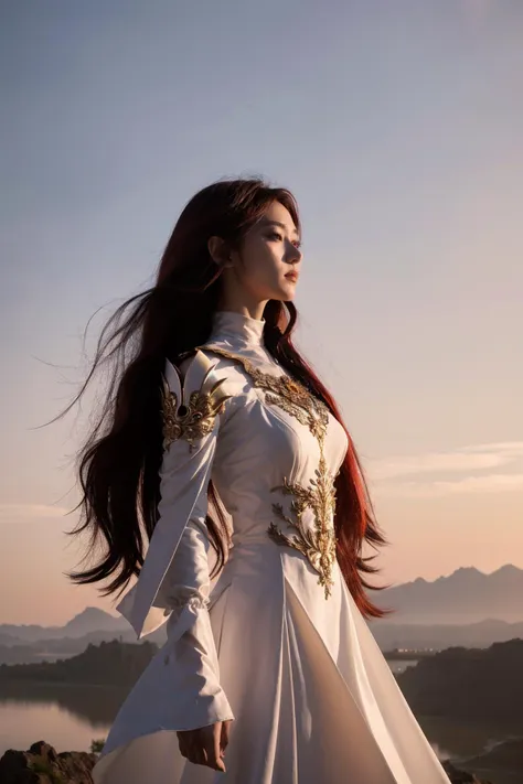 a woman in a white dress standing on a mountain top