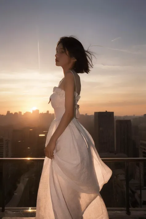 arafed woman in a white dress standing on a balcony overlooking a city