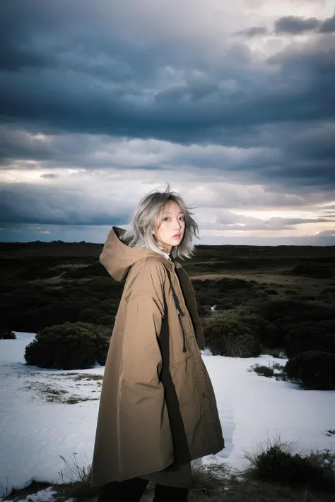 a woman in a brown coat standing in the snow