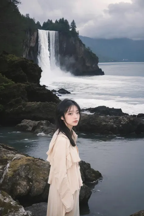 arafed woman standing in front of a waterfall in a white dress