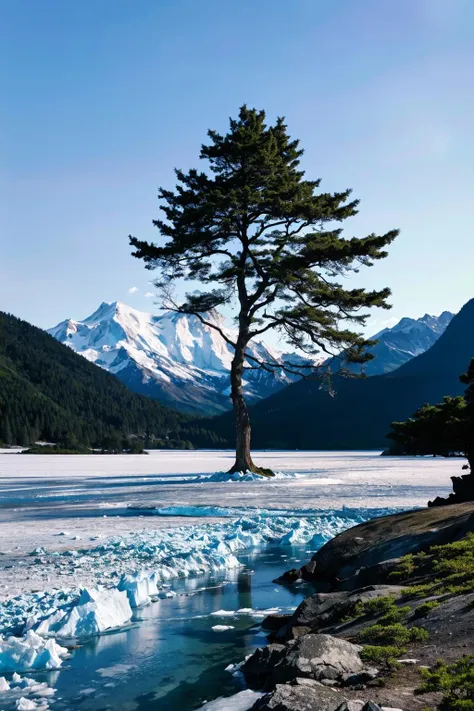 a close up of a tree on a rock near a body of water