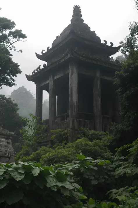 there is a small pagoda in the middle of a forest