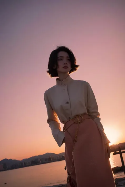 a woman standing on a beach with a sunset in the background