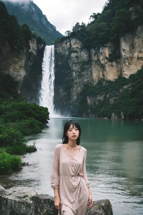 arafed woman standing on a rock in front of a waterfall