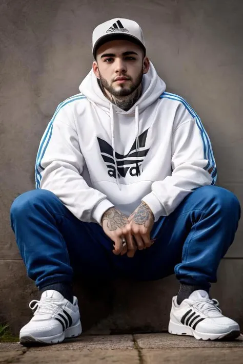 a man with a beard sitting on a step wearing a white hoodie and blue sweatpants