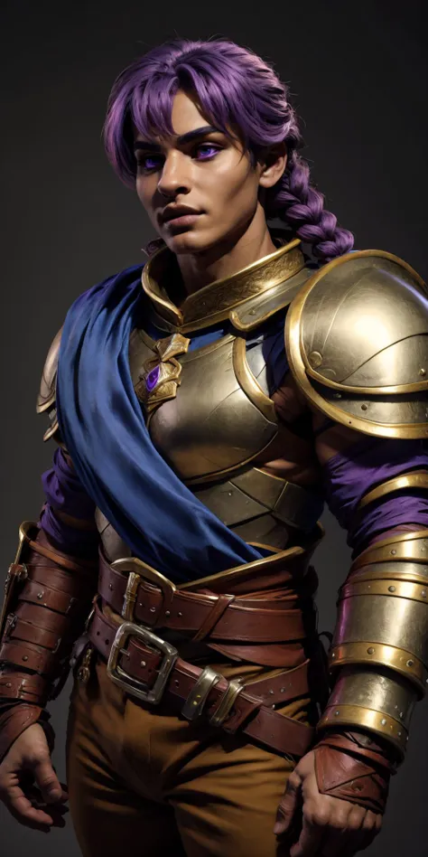 a close up of a person wearing a purple wig and armor