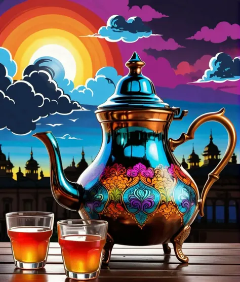 vibrant colorful, ink sketch|vector|2d colors, teapot and ornate glasses, at nightfall, sharp focus, highly detailed, sharp focus, the clouds,colorful,ultra sharpness
 <lora:AtayV2:0.5> atai,