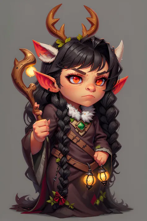 fun00d,  
1girl, girlfocus, chibi
cartoon illustration of a female elf druid holging long staff, 
solo, simple background, 
black hair, braided hairs, antlers deer on head, red eyes,  frown, brown and green robe, staff, hand on hip,
grey background,
Refine...