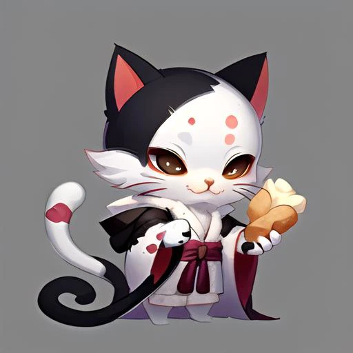 cute androgynous cat healer, holding a food, wearing robes, <lora:fun00d-000012:1.00>, 
fun00d, fantasy, black and white fur