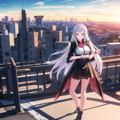 masterpiece, best quality, ultra-detailed, illustration, warm lighting, bright colors, 8K wallpaper, 1girl, solo,white hair, long hair, grown up, mature.office dress up, dress, ruined city scape, ruined city in the background, looking at ruined city below,...