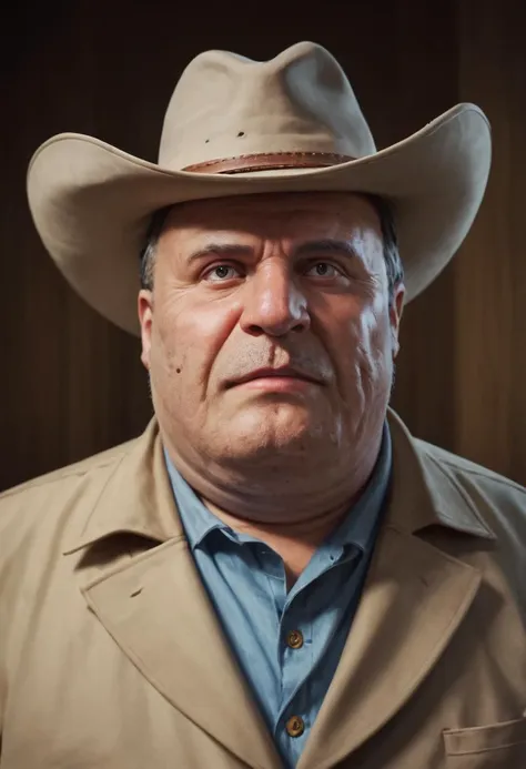 a close up of a man wearing a hat and a jacket