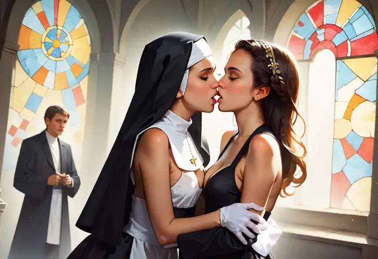 arafed image of a woman kissing a nun in a church