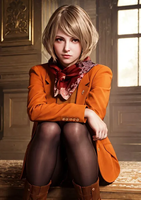 1girl, re4ashley, orange jacket, scarf, plaid skirt, pantyhose, boots, young, teen, perfect nose, <lora:sxzAshleyGrahamEllaFreya_sxzAshleyGraham:0.9>, highly detailed skin, warm skin tone, defiance512, RAW photo, best quality, high resolution, (masterpiece...