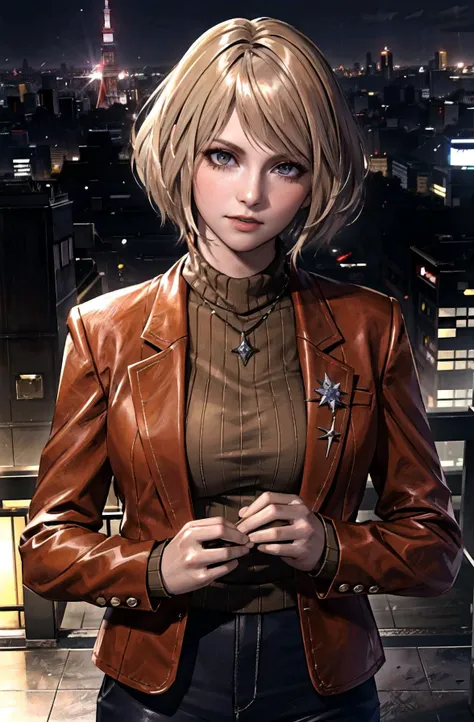 masterpiece, best quality, sharp image, detailed skin,depth of field, dslr photo, realistic, sharp focus, raytracing, piercing gaze,(serious expression, scoff), cowboy shot of  re4ashley, deep eyes, detailed pupils
(leather jacket,yakuza outfit), (tokyo sk...