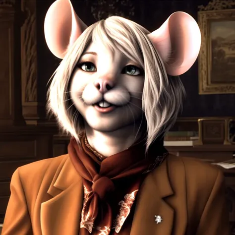 re4ashley, (anthro mouse), (happy), furry, HD, ((white fur over body)), masterpiece, photorealistic, extreme detail, beautiful, cowboy shot, oval office, desk, (buckteeth), ((long mouse tail)), (whiskers), high resolution 3d model <lora:sxz-ashley-graham:1...