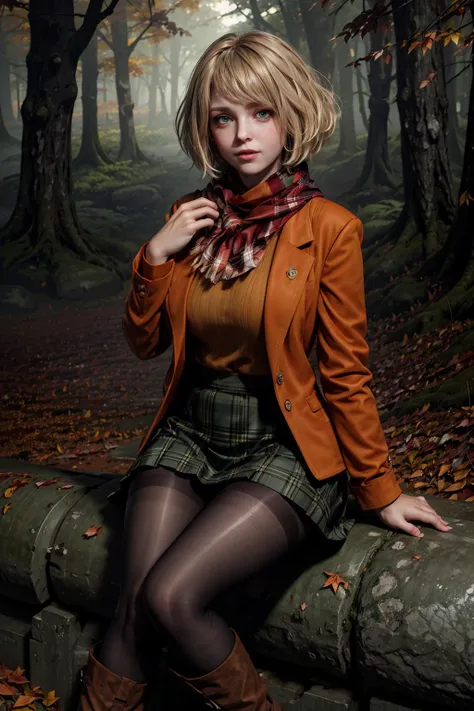 blond woman in a brown jacket and plaid scarf sitting on a stone wall