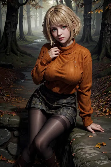 blond woman in a brown sweater and skirt sitting on a stone wall