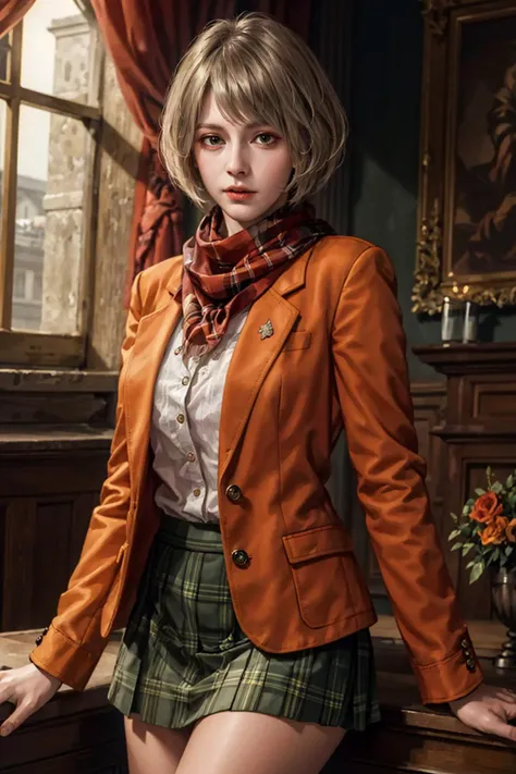 best quality,masterpiece,highres,original,extremely detailed wallpaper,perfect lighting,extremely detailed CG,<lora:add_detail:0.3>,perfect_photography.txt,
<lora:sxz-ashley-graham:0.6>,re4ashley,orange jacket,scarf,black plaid skirt,pantyhouse,boots,