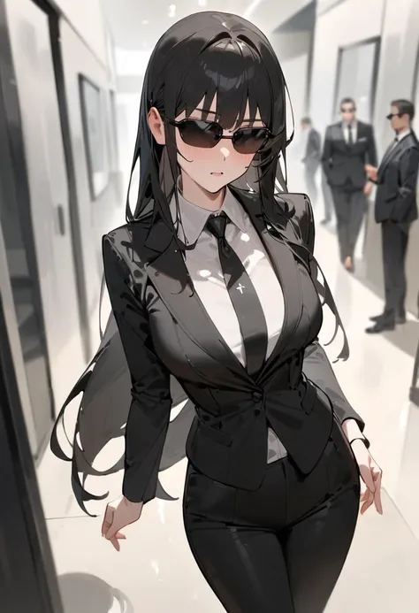 anime girl in a suit and tie walking down a hallway