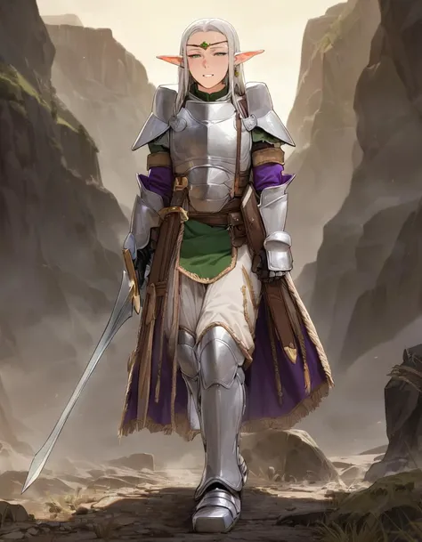 1man, young man, elf, full body, solo, long hair, silver hair, green eyes, half closed eyes, grin, pauldrons, weapon, armor, all white equipment, purple fabrics, sword, holding, holding weapon, holding sword, breastplate, shoulder armor, sheath, sword shea...