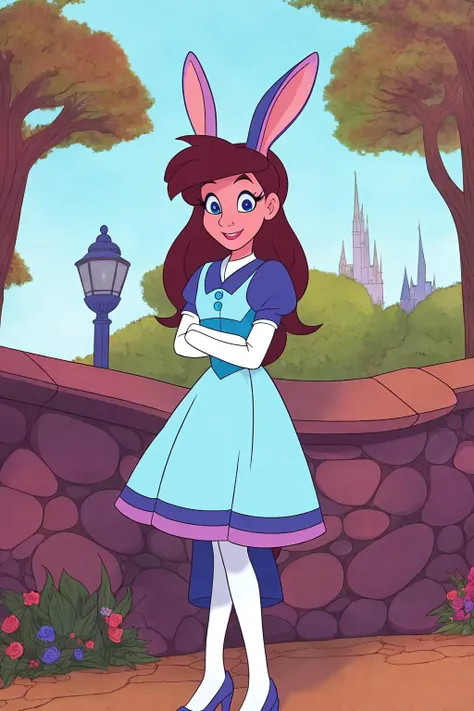 a cartoon girl in a blue dress and bunny ears stands in front of a stone wall