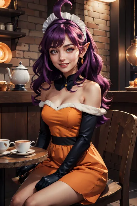 Stardust_Pumpkins_Citron_OC, maid headdress, jewelry, long purple hair, orange eyes, ahoge, pointy ears, orange dress, black elbow gloves, bare shoulders, looking at viewer, smiling, happy, blush,
sitting behind a small table, inside a cozy cafe, drinking ...