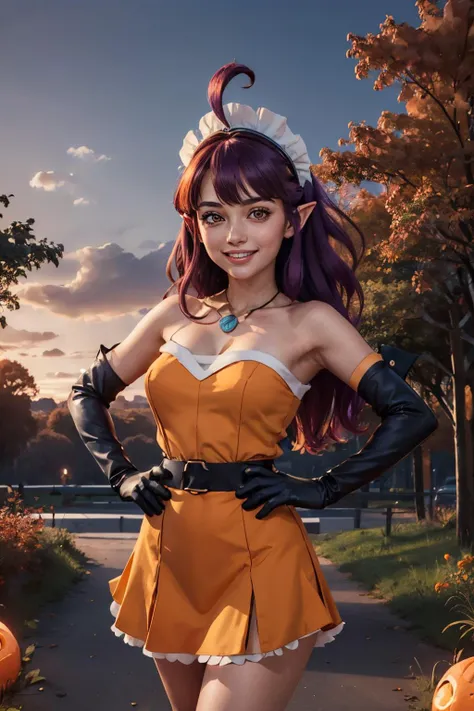 Stardust_Pumpkins_Citron_OC, maid headdress, jewelry, long purple hair, orange eyes, ahoge, pointy ears, orange dress, black elbow gloves, bare shoulders, looking at viewer, smiling, happy, teeth, 
standing, hands on hips, outside, park, trees, autumn, dus...