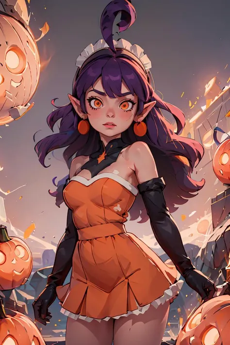 (masterpiece, best quality), 1girl,   <lora:Stardust_Pumpkins_Citron_OC_Anime:1> Stardust_Pumpkins_Citron_OC, 1girl, solo, long purple hair,  orange eyes, ahoge, pointy ears, orange dress, elbow gloves, bare shoulders, maid headdress, jewelry, earrings